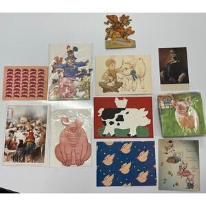 Unique Vintage Collection of 9 Pig Cards and Sealed Napkins and 1 Postcard